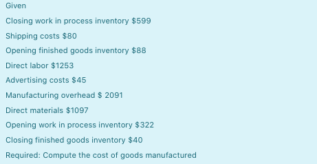 Given Closing work in process inventory $599 Shipping costs $80 Opening