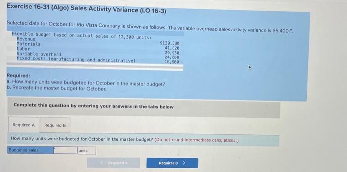  Exercise 16-31 (Algo) Sales Activity Variance (LO 16-3) Selected data for