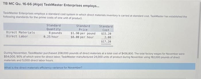  TB MC Qu. 16-66 (Algo) TaskMaster Enterprises employs... TaskMaster Enterprises employs