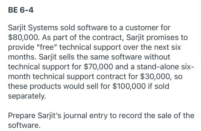  BE 6-4 Sarjit Systems sold software to a customer for $80,000.