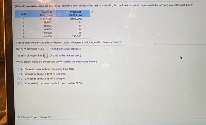  0 (Mutually exclusive projects and NPV) You have boon assigned the