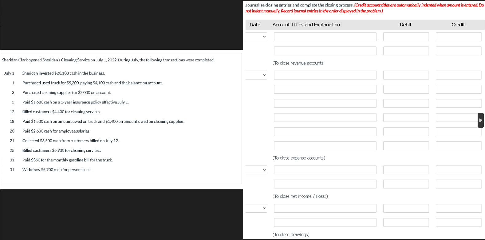 Journalize closing entries and complete the closing process. (Crditnunttides are wfp_n is