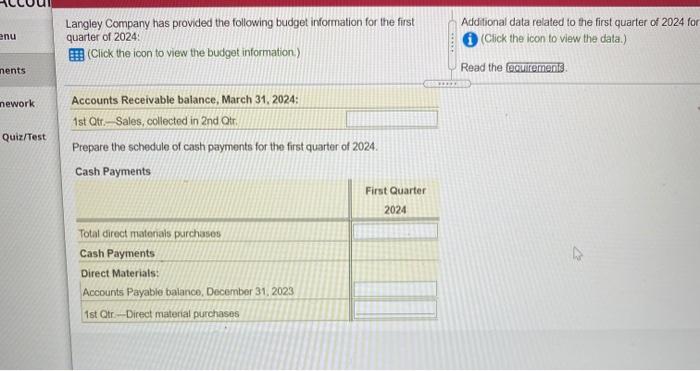 sales Budgeted purchases of direct materials Budgeted direct labor cost Budgeted manufacturing