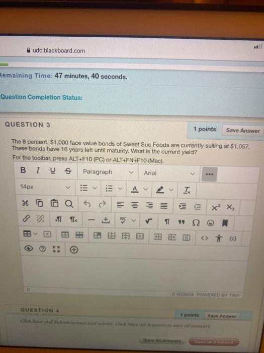  Audc blackboard.com Remaining Time: 47 minutes, 40 seconds. Question Completion Status: