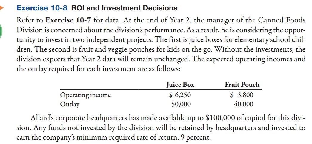 Inc., presented two years of data for its Frozen Foods Division and