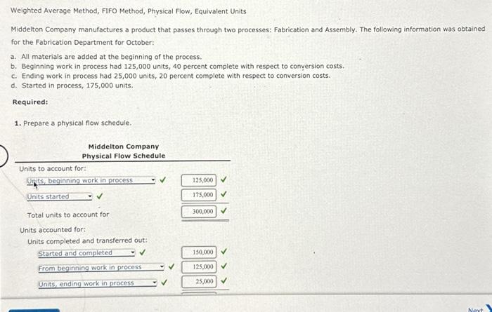  Weighted Average Method, FIFO Method, Physical Flow, Equivalent Units Middelton Company