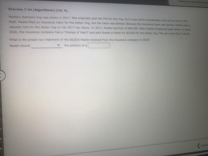  Exercise 7-24 (Algorithmic) (L0.4) Noelle's diamond ring was stolen in 2017.