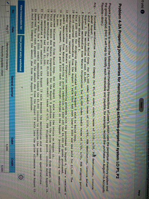  dion.com%252Fmghmiddleware O pts) Seved Help Problem 4-2A Preparing journal entries for