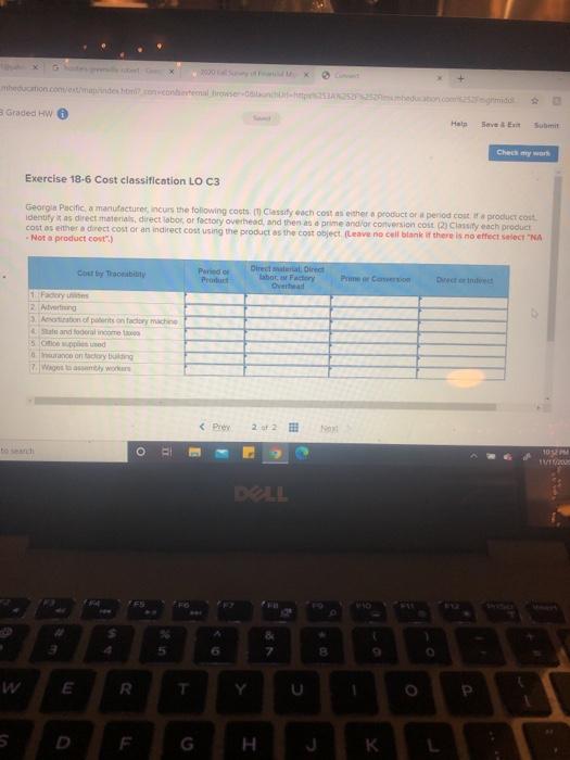  mon.com encontrare Graded HW Save Exercise 18-6 Cost classification LO C3