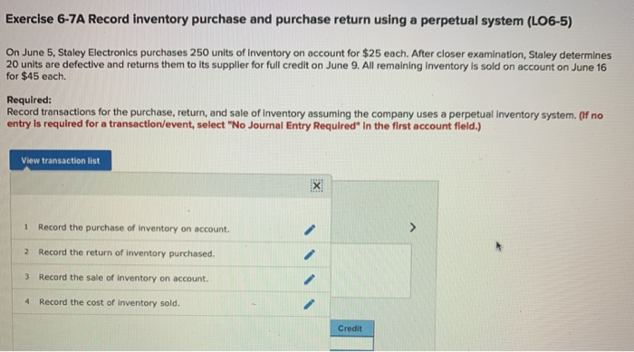  Exercise 6-7A Record inventory purchase and purchase return using a perpetual