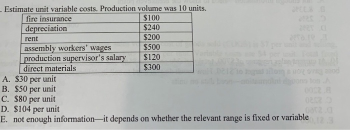  Estimate unit variable costs. Production volume was 10 units. fire insurance