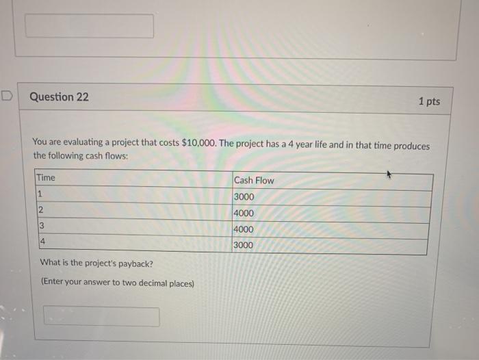  D Question 22 1 pts You are evaluating a project that