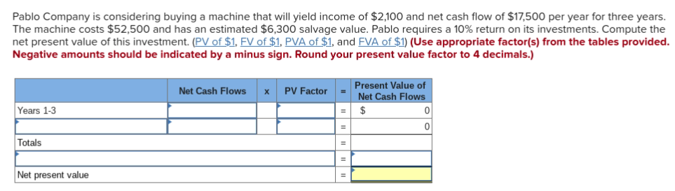 Pablo Company is considering buying a machine that will yield income