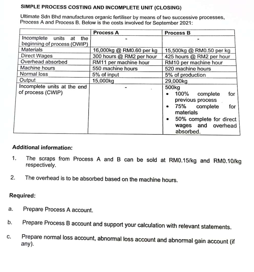 need suggeted solutions on this question. SIMPLE PROCESS COSTING AND INCOMPLETE UNIT