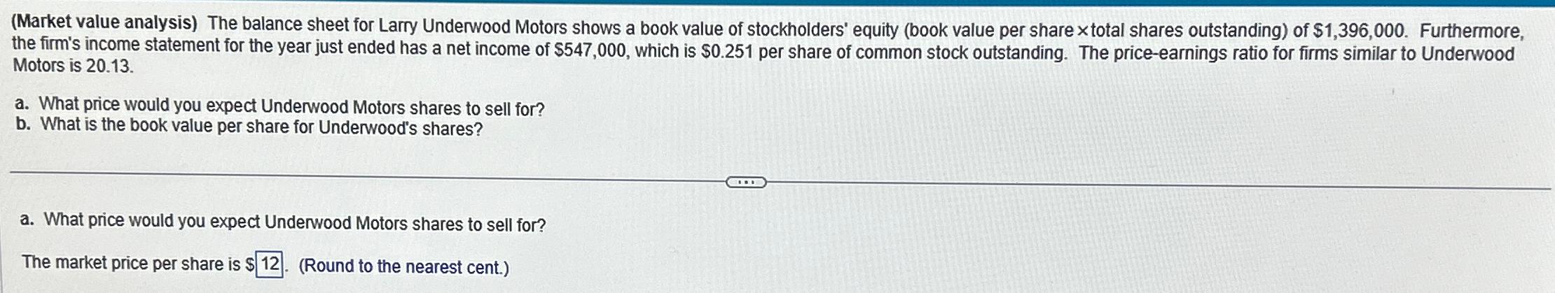  (Market value analysis) The balance sheet for Larry Underwood Motors shows
