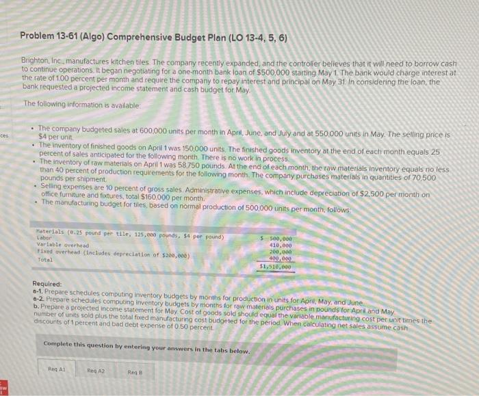 8 Problem 13-61 (Algo) Comprehensive Budget Plan (LO 13-4, 5, 6) Brighton,