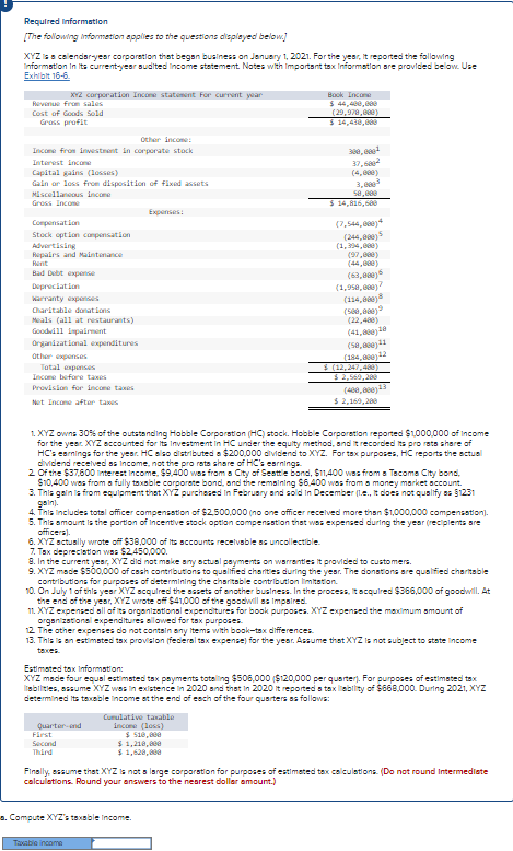 Please help and show how to do A-E A.) Compute XYZ's Taxable