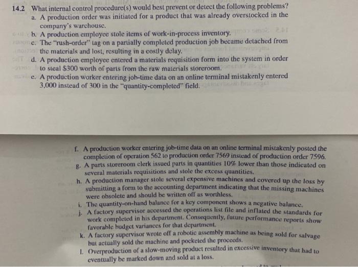  14.2 What internal control procedure(s) would best prevent or detect the