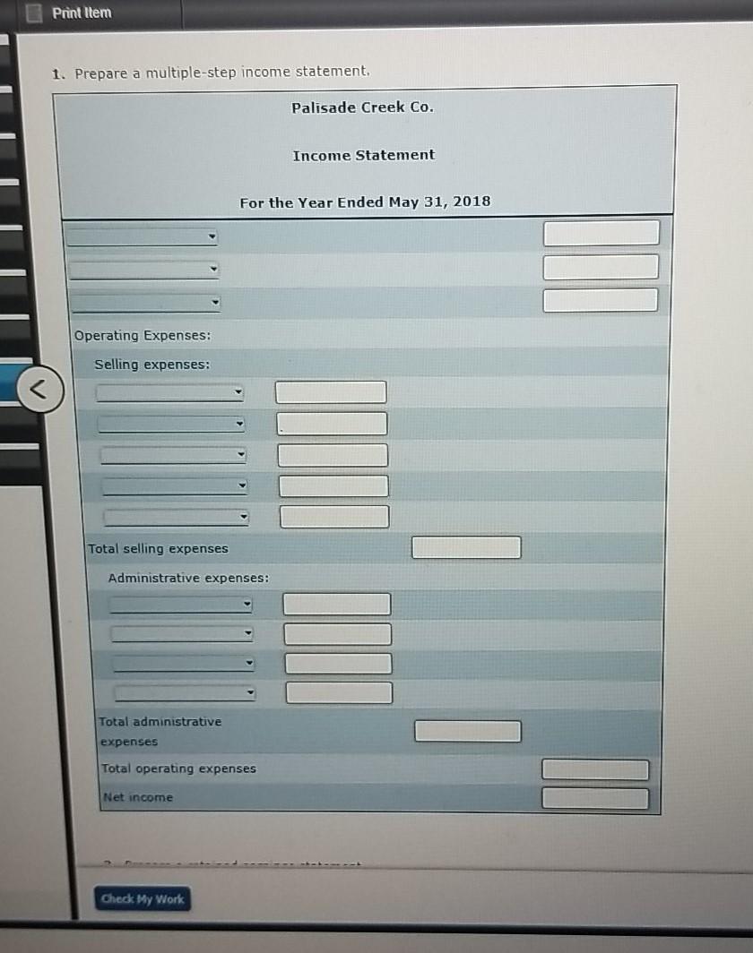 blank. Palisade Creek Co. Unadjusted Trial Balance May 31, 2018 Debit Credit