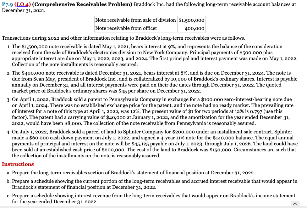  P7.9 (LO 4) (Comprehensive Receivables Problem) Braddock Inc. had the following