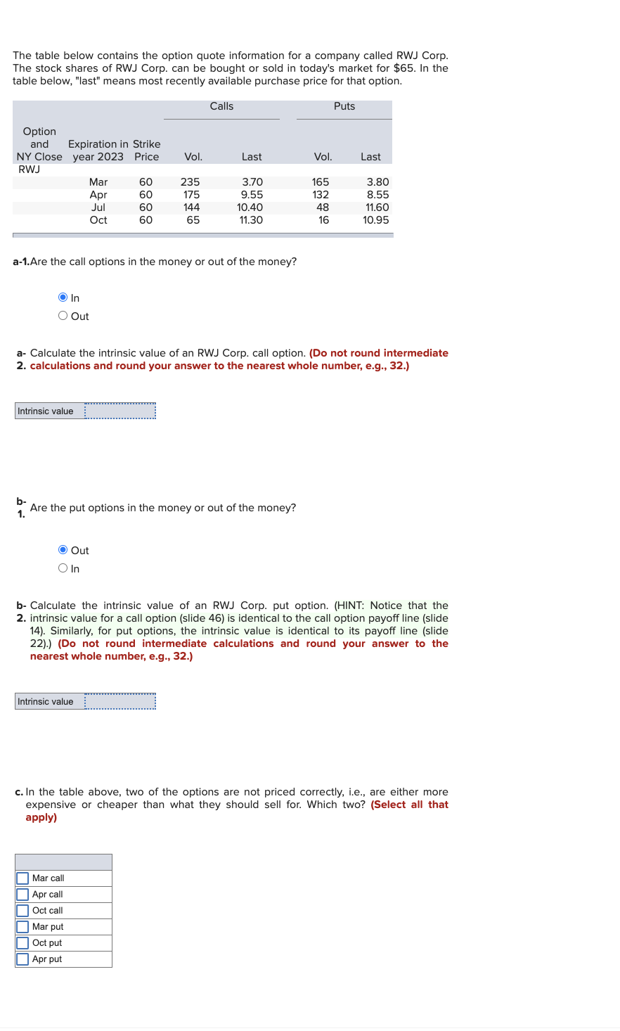  The table below contains the option quote information for a company