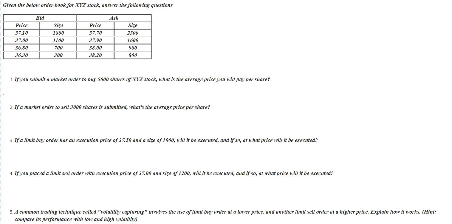 SShow work with formulas Given the below order book for XYZ stock,