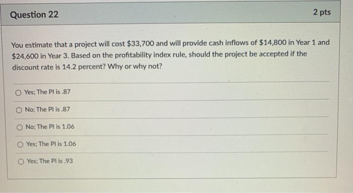  Question 22 2 pts You estimate that a project will cost