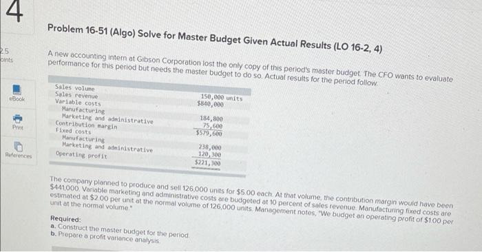  4. Problem 16-51 (Algo) Solve for Master Budget Given Actual Results