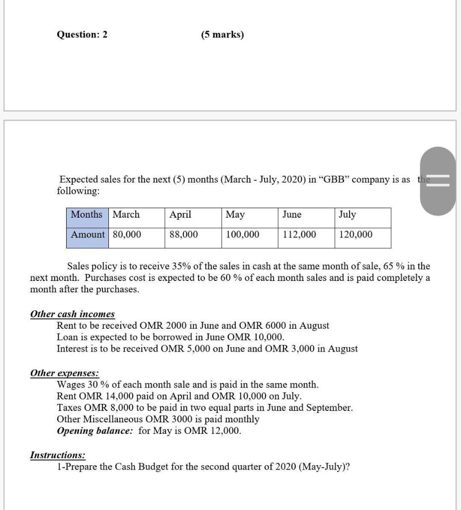  Question: 2 (5 marks) Expected sales for the next (5) months