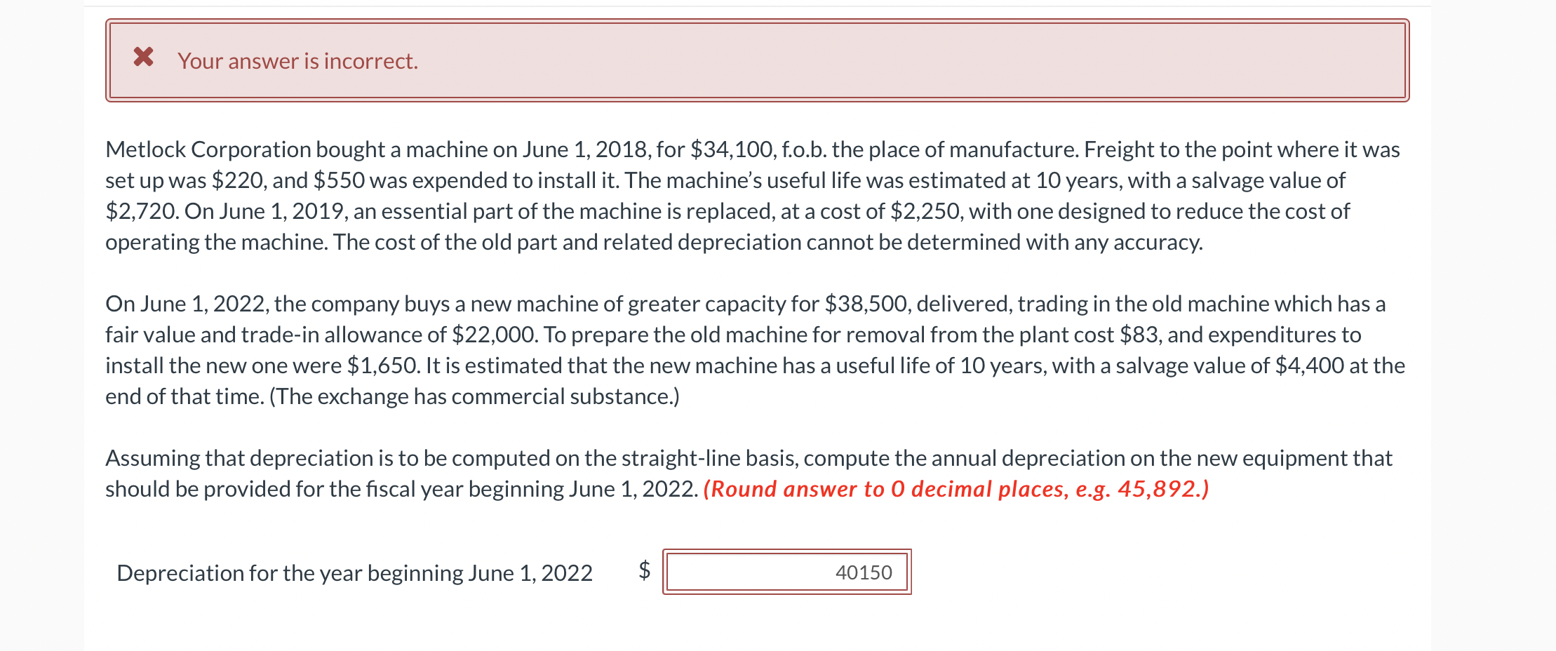 X Your answer is incorrect. Metlock Corporation bought a machine on