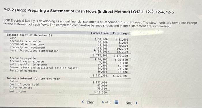  P12-2 (Algo) Preparing a Statement of Cash Flows (Indirect Method) LO12-1,