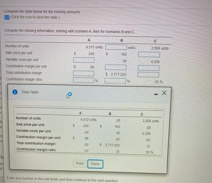  Complete the table below for the missing amounts (Click the icon