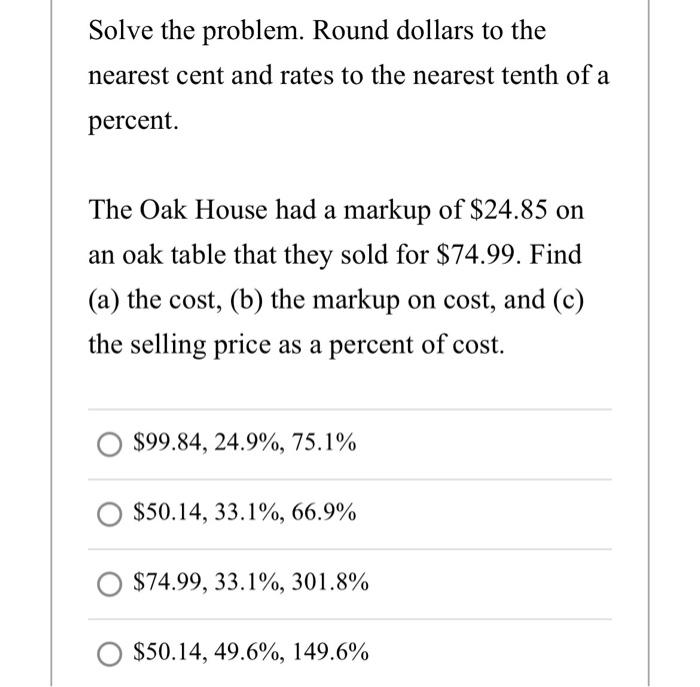 then sells the tires at a 32.6% markup based on cost. Find