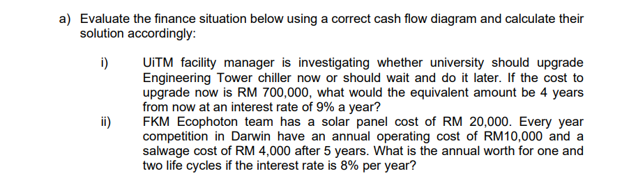 a) Evaluate the finance situation below using a correct cash flow