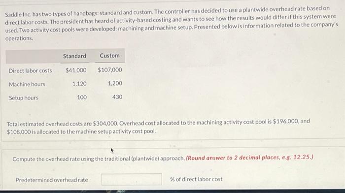 help pkease will give like. Saddle Inc. has two types of handbags: