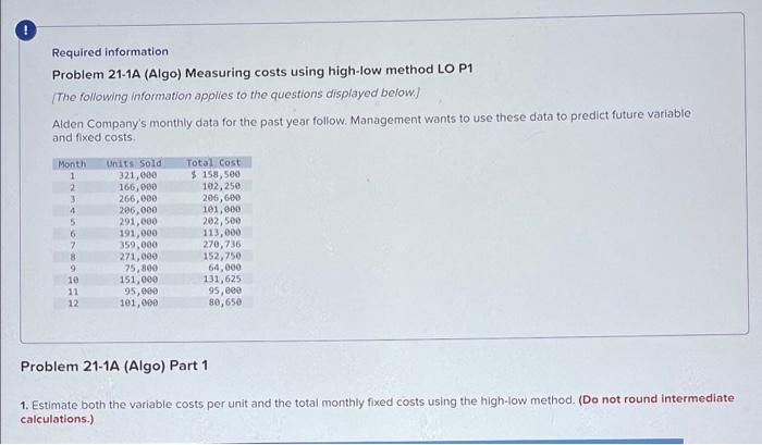  Required information Problem 21-1A (Algo) Measuring costs using high-low method LO