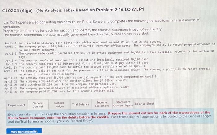  GLO204 (Algo) - (No Analysis Tab) - Based on Problem 2-1A