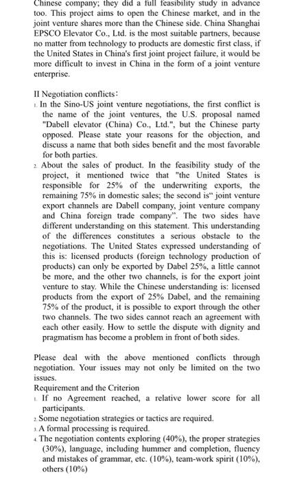 venture negotiations between China Shanghai EPSCO Elevator Co. Ltd and the USA