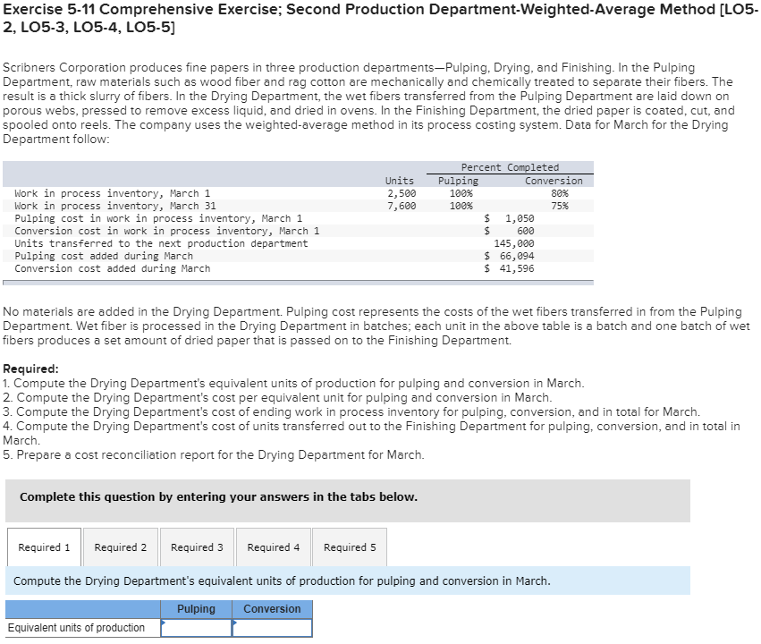  Exercise 5-11 Comprehensive Exercise; Second Production Department-Weighted-Average Method [LO5- 2, LO5-3,