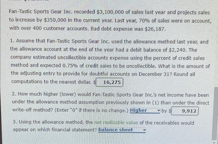 Fan-Tastic Fourts Gear Inc. ta handiag uncobactibile rucnivables appropriately, which of these