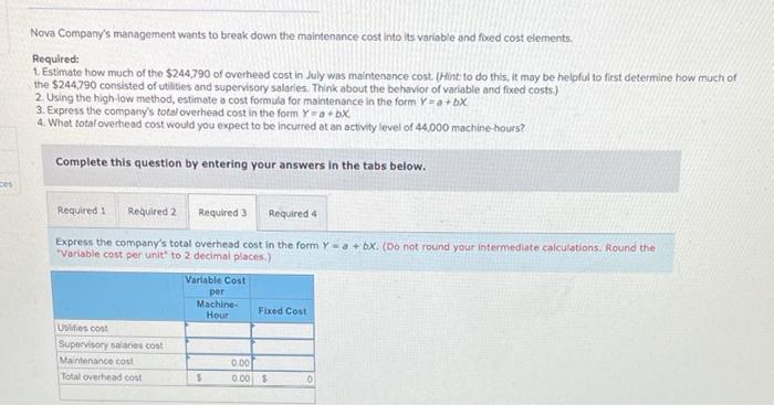 Nove Company's total overhead cont at various levels of activity are presented