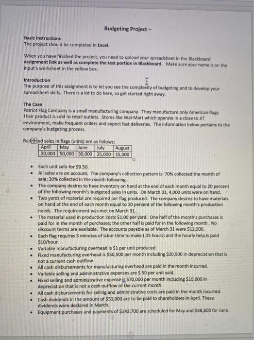  Budgeting Project - Basic Instructions The project should be completed in