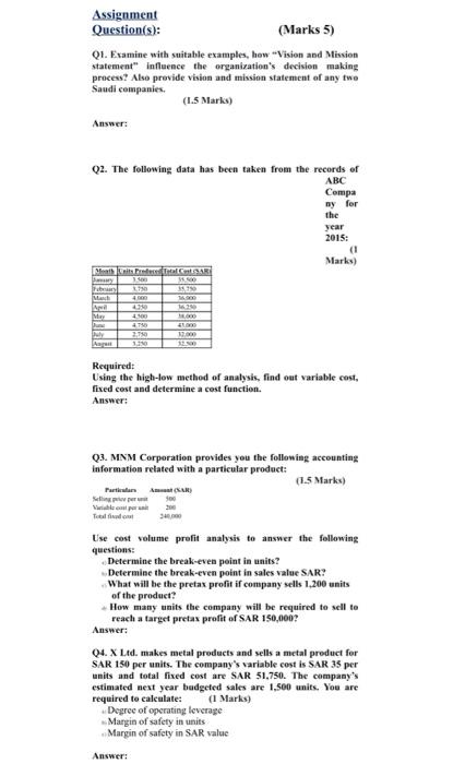 cost accounting Assignment Question(s):(Marks 5) Q1. Examine with suitable examples, how Vision