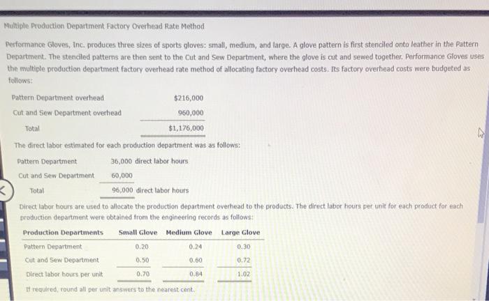  960,000 Multiple Production Department Factory Overhead Rate Method Performance Gloves, Inc.