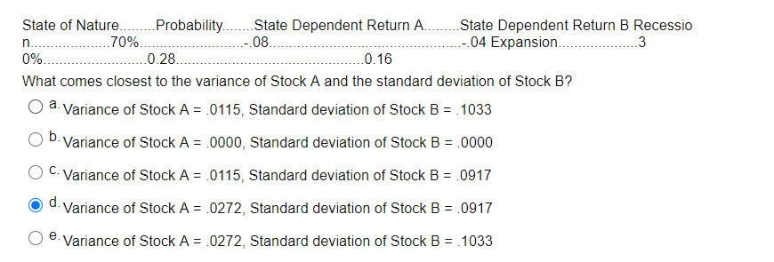 a. State of Nature Probability. State Dependent Return A.. State Dependent
