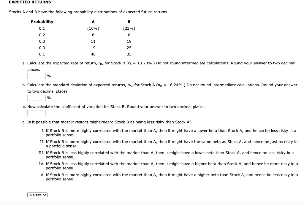 EXPECTED RETURNS Stocks A and B have the following probability distributions