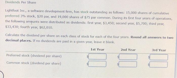  Dividends Per Share Lightfoot Inc., a software development firm, has stock