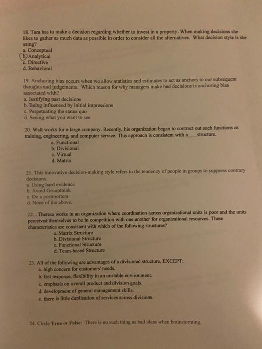answer question 23 18. Tarn has to make a decision regarding whether