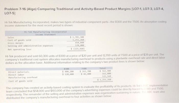 please help! Problem 7-16 (Algo) Comparing Traditional and Activity-Based Product Margins (L07-1,