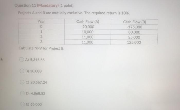  Question 11 (Mandatory) (1 point) Projects A and B are mutually